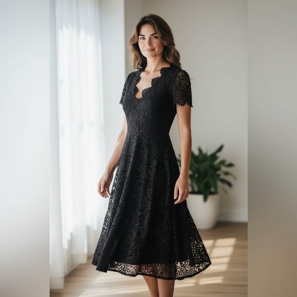 Just Me Dresses & Skirts - Just Me Black Lace Midi Dress